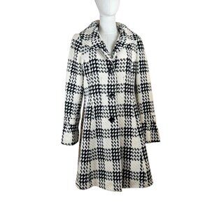 Via Spiga Vintage Black White Houndstooth Wool Blend Coat • Size 10 • Belted Bac